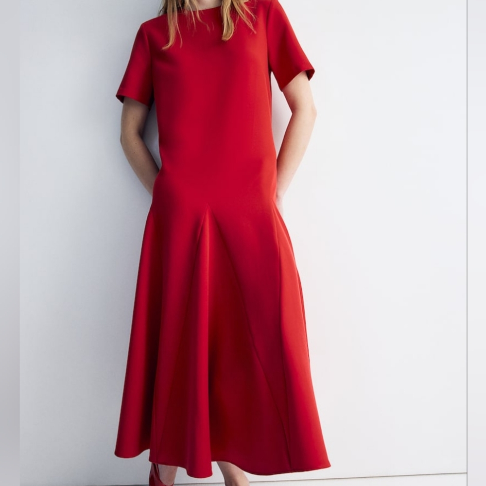 H&M Flared-skirt Twill Dress Midi Red Sz L BNWT